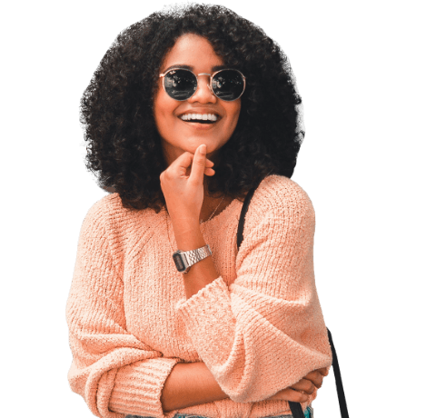 Woman with gorgeous smile and peach sweater