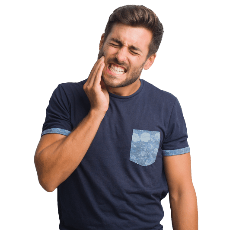 Man in blue shirt holding jaw in pain